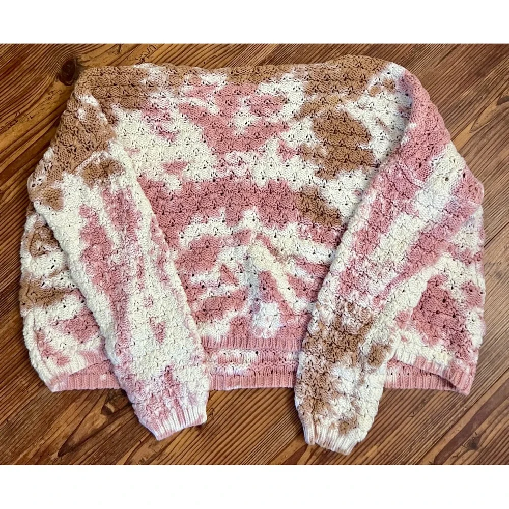 Versona Womens Pink Tan Tie Dye Chunky Open Knit V-Neck Sweater Size Medium